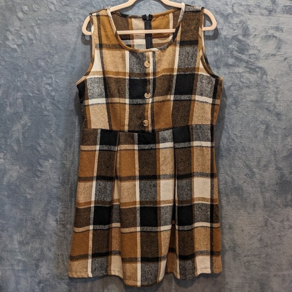 Plaid Pleated Sleeveless Dress Brown White Black XL Y2K Clueless Flannel Soft